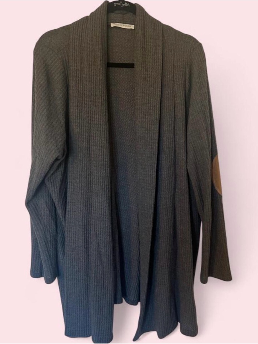 Honey Punch Charcoal Open-Front Ribbed Cardigan with Tan Elbow Patches